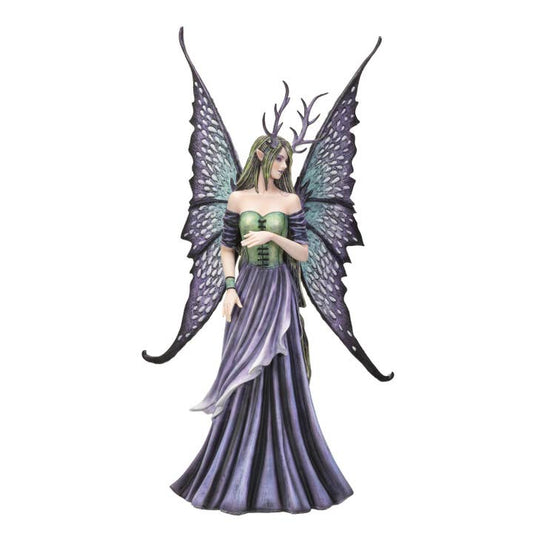 Fantasy figurine of a fairy with antlers and purple wings on a white background