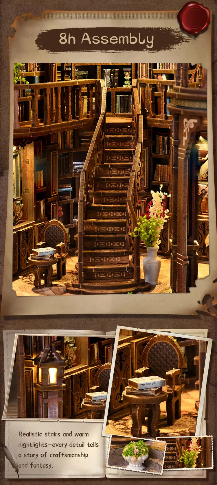 DIY Wooden Dreamy Book Hall Cottage Figurines Miniatures