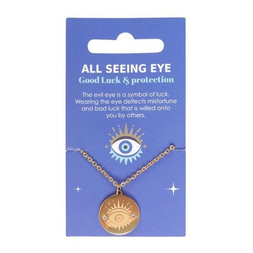 Gold-toned All Seeing Eye necklace on blue meaning card