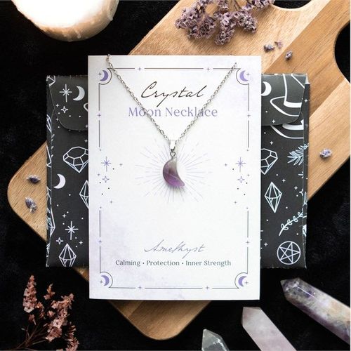 Amethyst crystal moon necklace with gift card and envelope