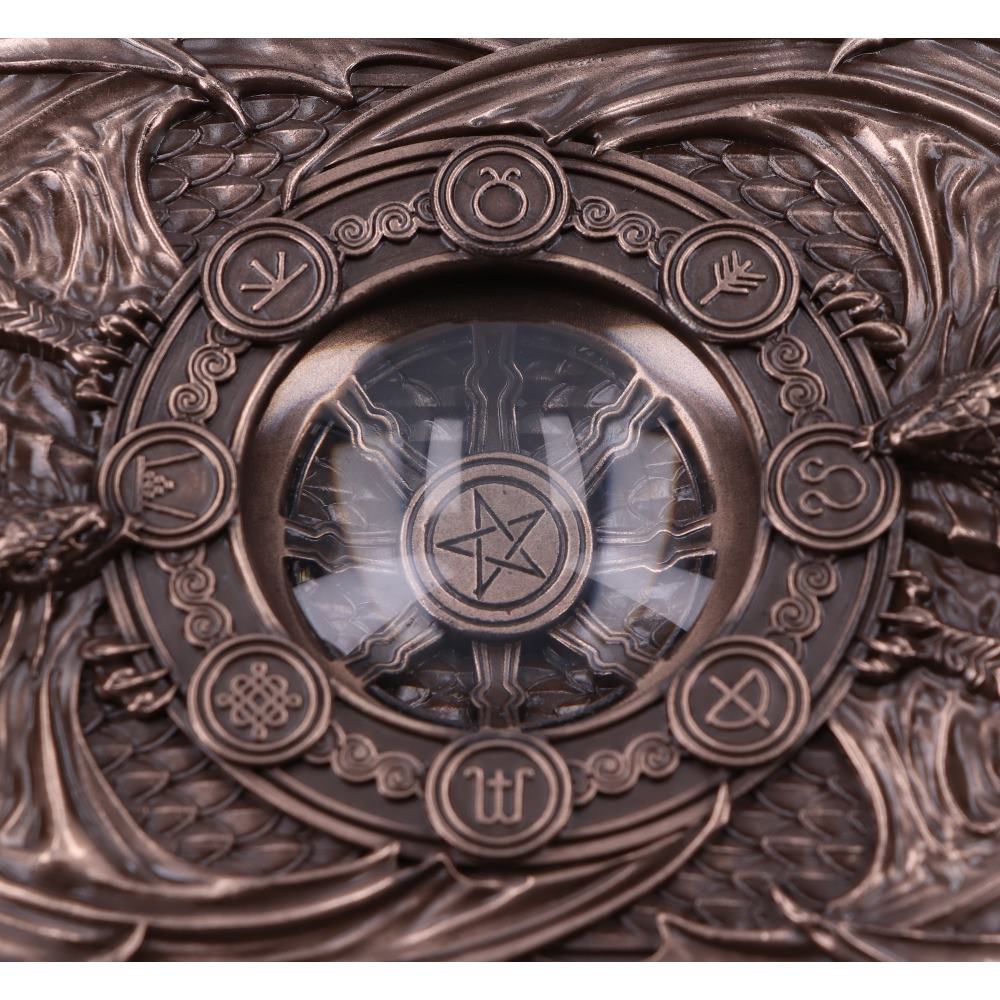 Close up view of top of Dragons of the Sabbats box with Wheel of the Year design