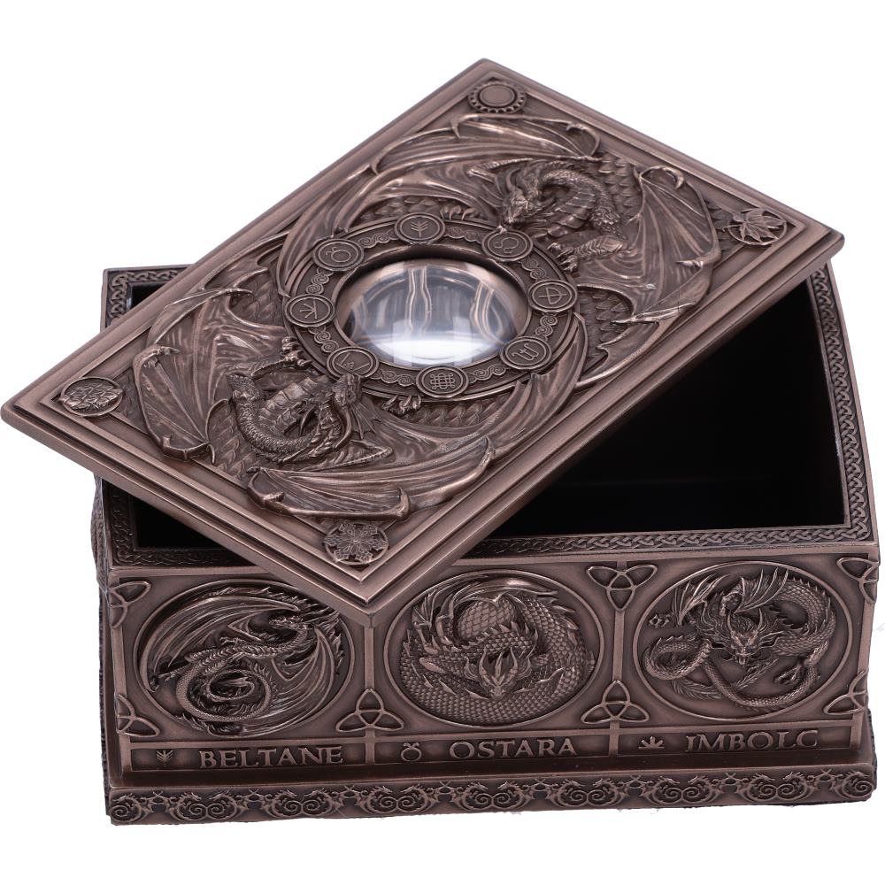 Closer view of open dragon tarot box showing inner storage space