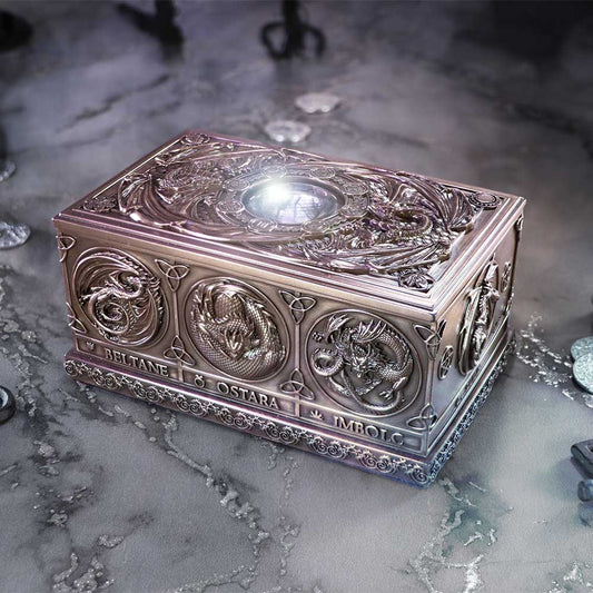 Bronze tarot box with dragon carvings by Anne Stokes