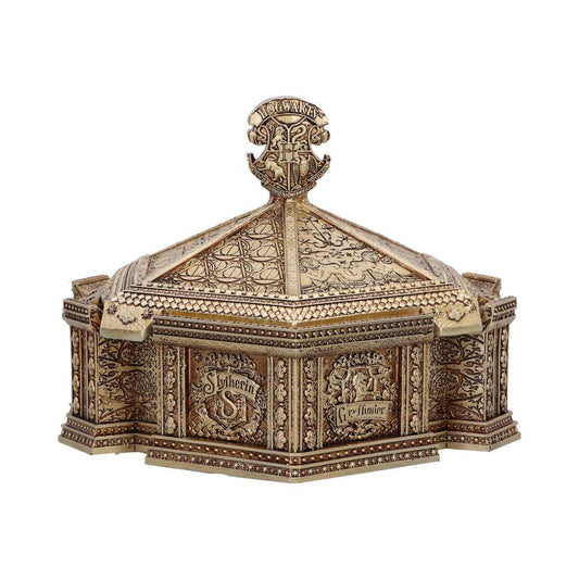 A bronze-colored Harry Potter Hogwarts trinket box with intricate designs and the Hogwarts crest on the lid.