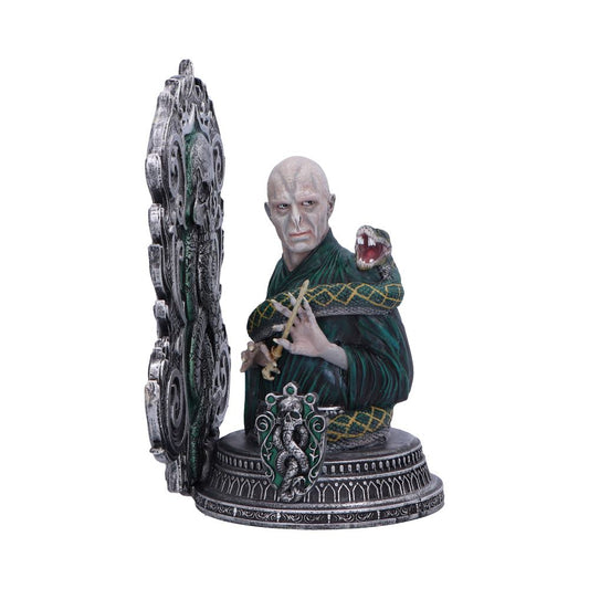 A detailed resin bookend featuring the dark wizard Lord Voldemort from the Harry Potter series, holding a wand with Nagini the snake coiled around him.
