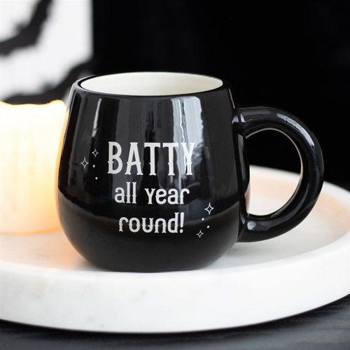 Black ceramic mug with 'Batty all year round' text and 3D bat inside