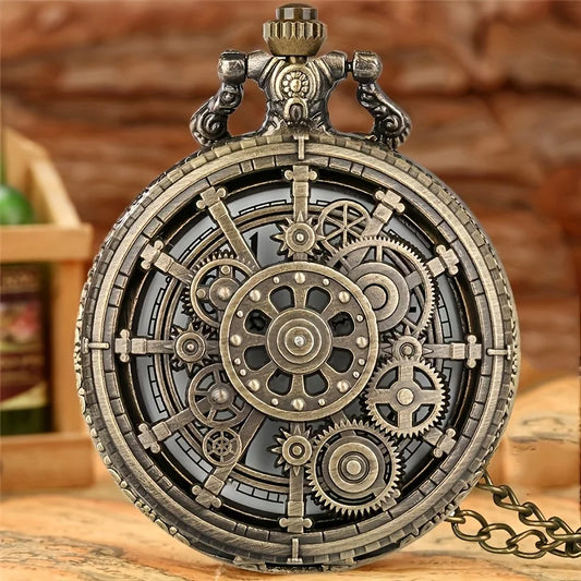 Bronze steampunk pocket watch with hollow gear design