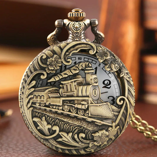 Bronze steampunk pocket watch with vintage steam train design and quartz movement