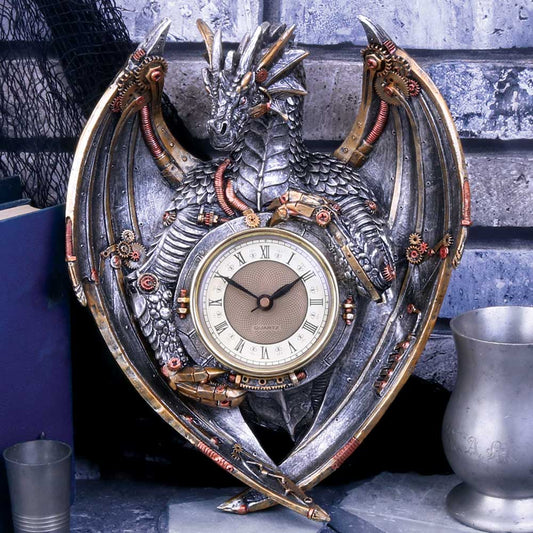 Front view of steampunk dragon wall clock with raised wings and brass gears