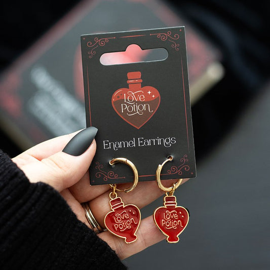 Gold enamel love potion earrings with dangling bottle charms