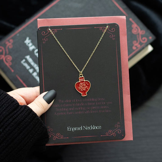Love potion enamel necklace on pink-themed gift card