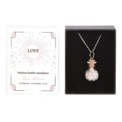 Love potion necklace with rose quartz crystal chips in bottle