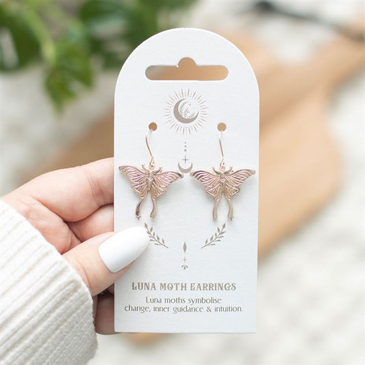 Luna moth stainless steel earrings on backing card
