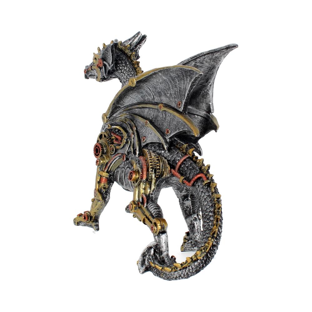 Back view of large Dracus Machina steampunk dragon statue