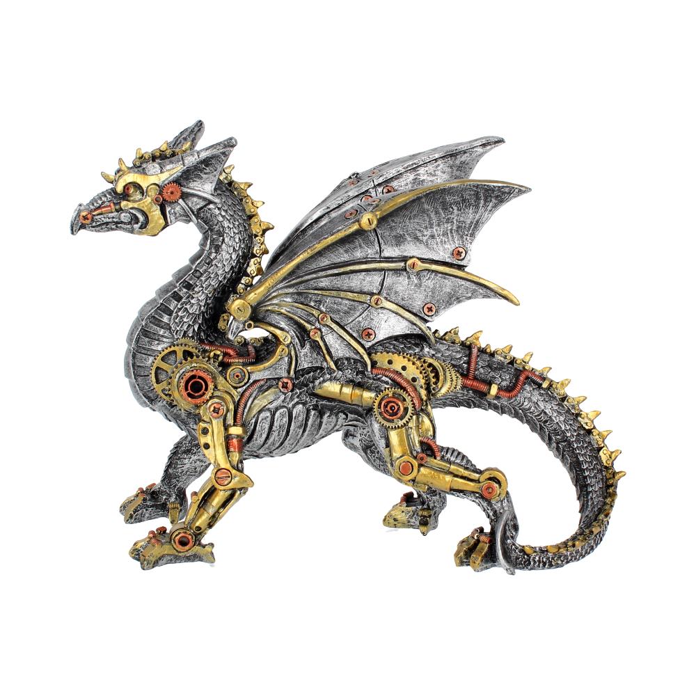 Side view of steampunk dragon statue showing gold mechanic detail