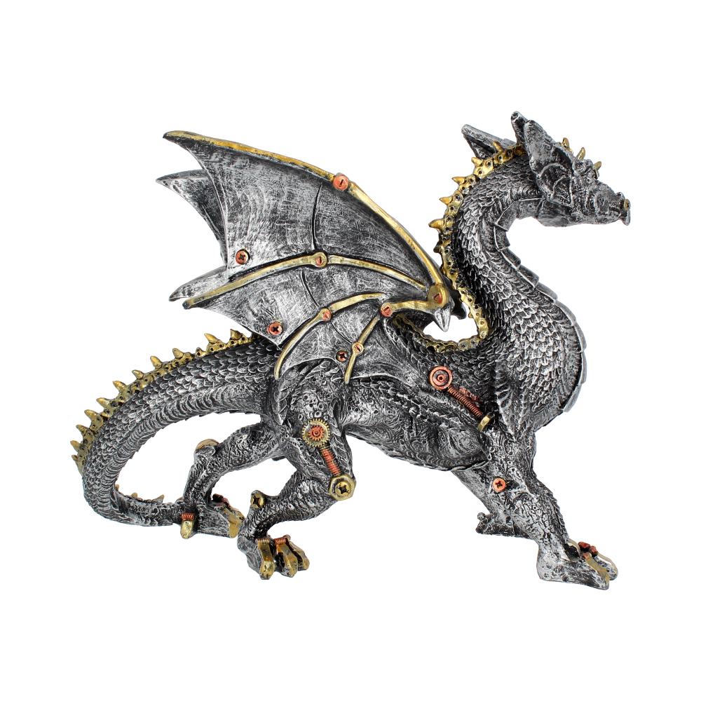 Alternative side view of steampunk dragon statue showing screws and bolts