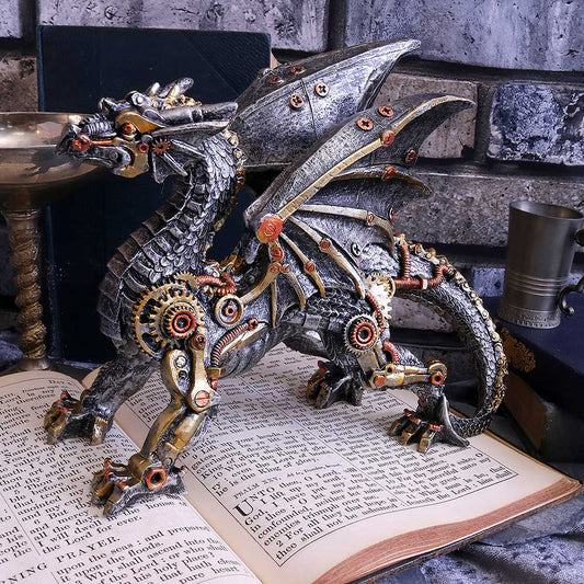 Small mechanical steampunk dragon figurine with metallic gears and bronze detailing