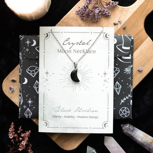 Obsidian crystal moon necklace with message card and envelope