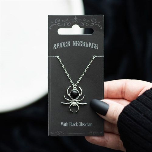 Obsidian spider necklace in stainless steel with gothic detailing