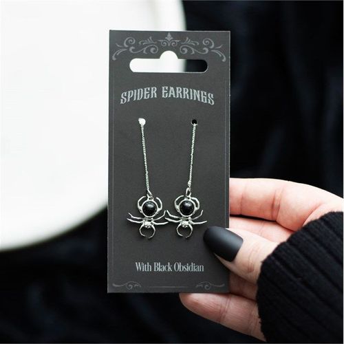 Obsidian spider threader earrings in stainless steel