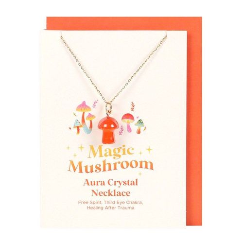 Orange aura mushroom necklace on gift card with envelope