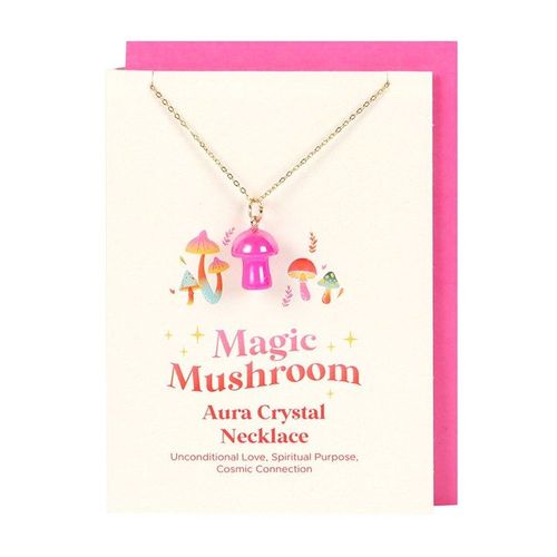 Pink aura crystal mushroom necklace with card and envelope