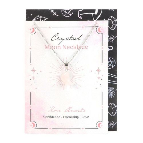 Rose quartz moon necklace on greeting card with envelope