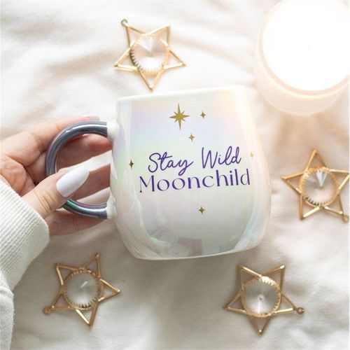 Stay Wild Moon Child mug with opalescent design and purple handle