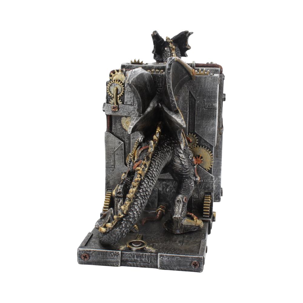 Back view of mechanical dragon bookends with scaly tail