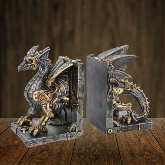 Steampunk dragon bookends with exposed gears and bronze detailing