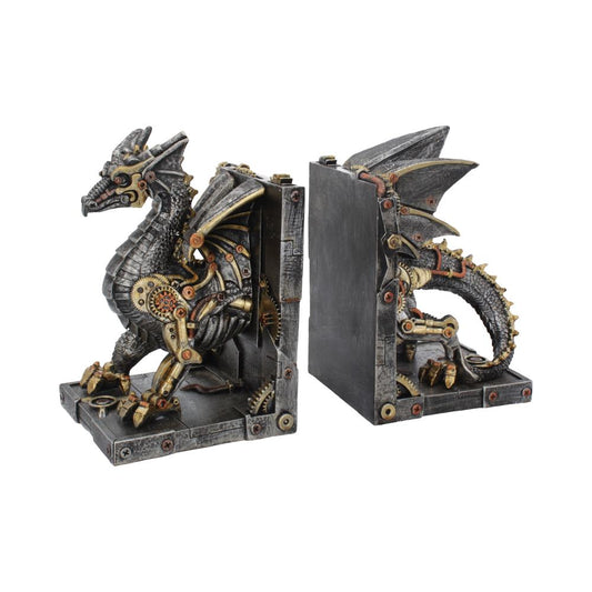 Side view of mechanical dragon bookends with metallic split design