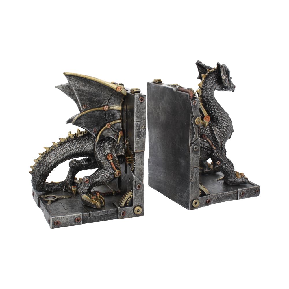 Side view of mechanical dragon bookends with tail and wings at rear