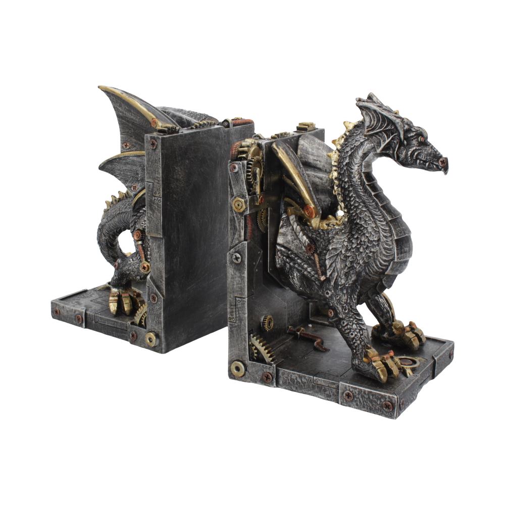 Alternative side view of mechanical dragon bookends with metallic split design