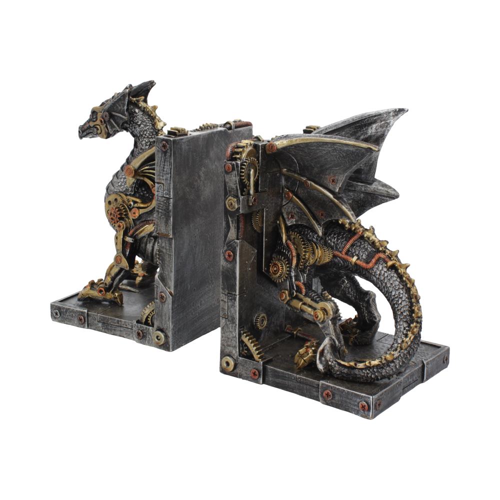 Alternative side view of steampunk dragon bookends with metallic split design