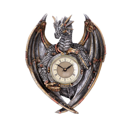 Alternative front view of steampunk dragon wall clock with raised wings and brass gears