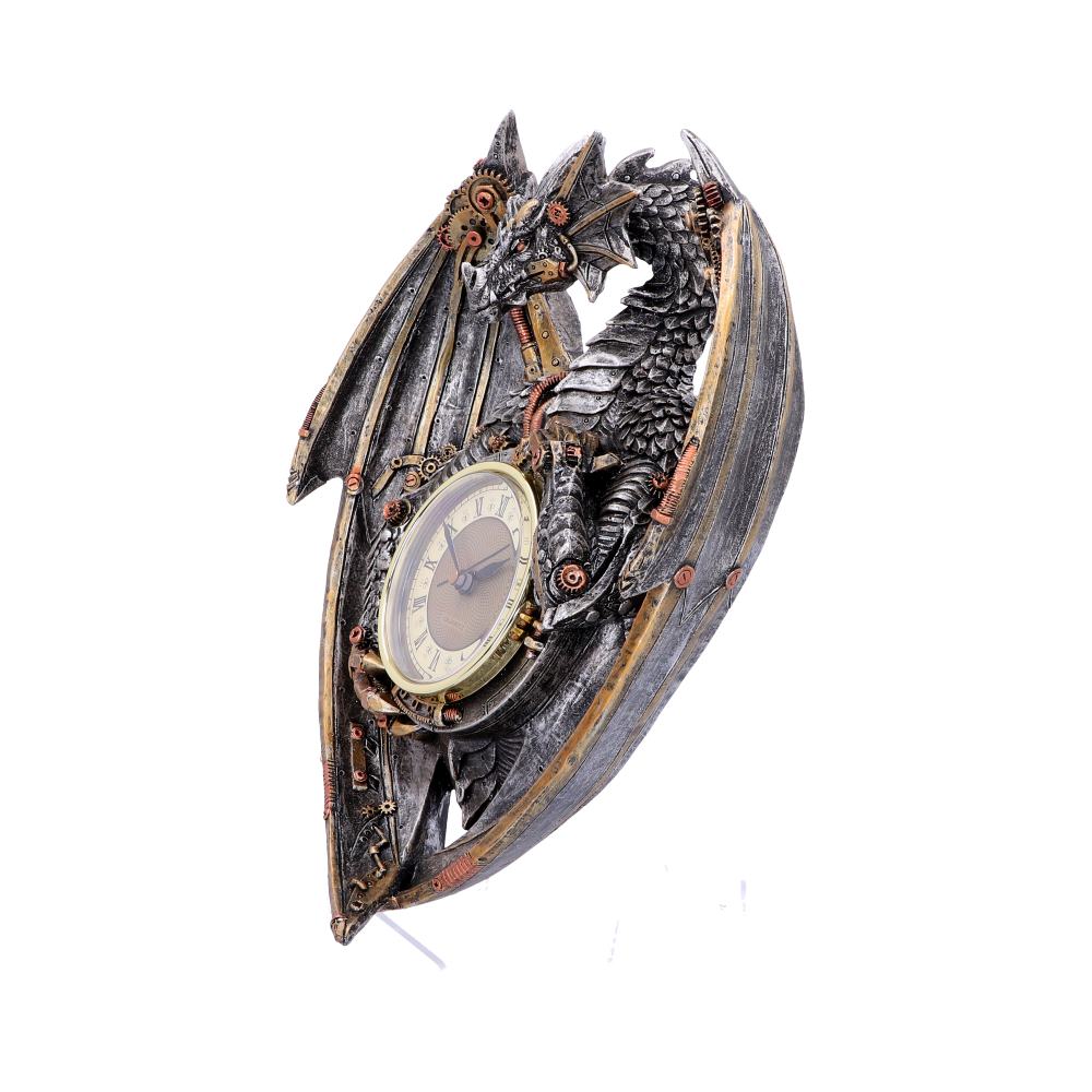 Angled view of clockwork dragon gripping clock, showing sculpted resin detail
