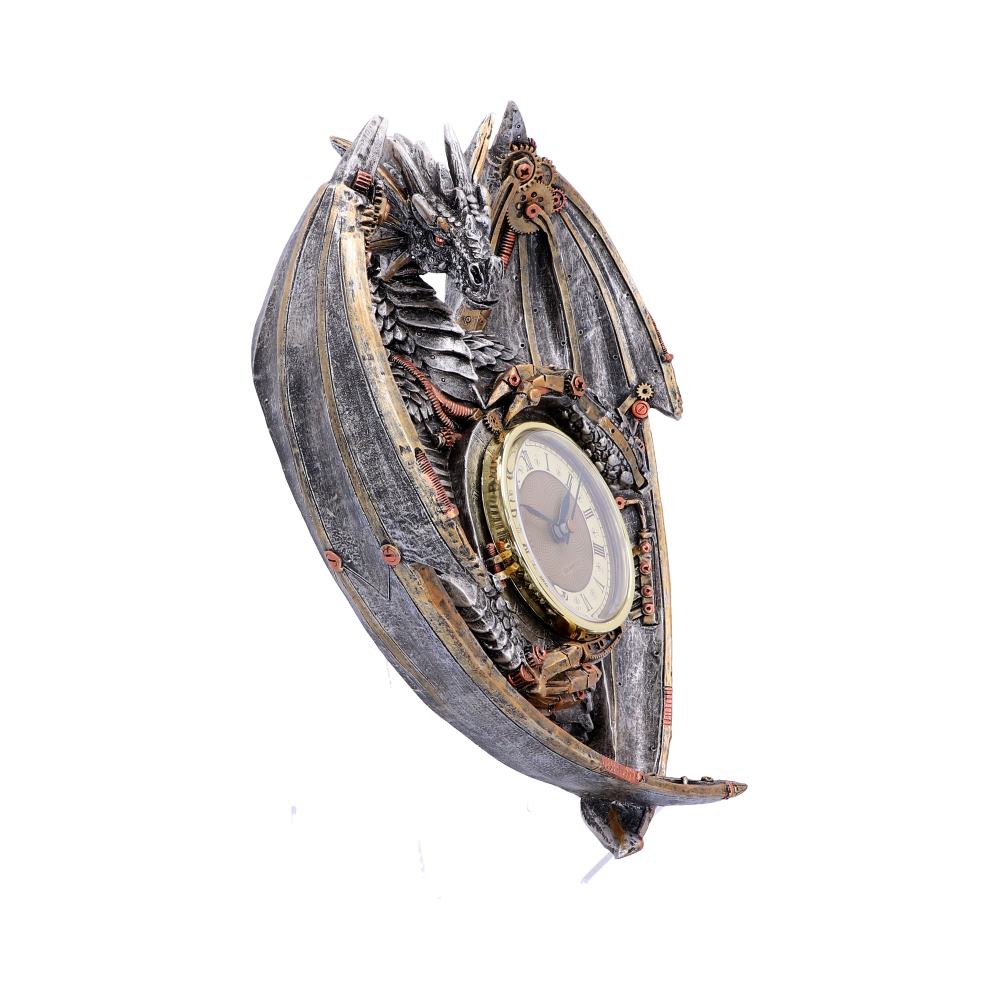 Alternative angled view of clockwork dragon gripping clock, showing sculpted resin detail