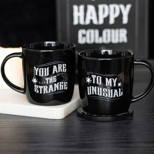 Strange and Unusual couples mug set with gothic lettering