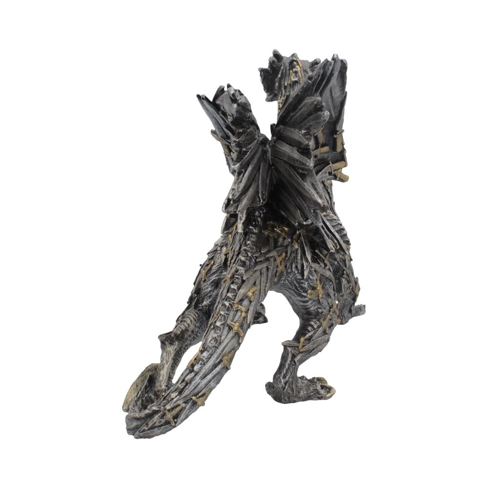 Back view of detailed fantasy dragon made from weapons