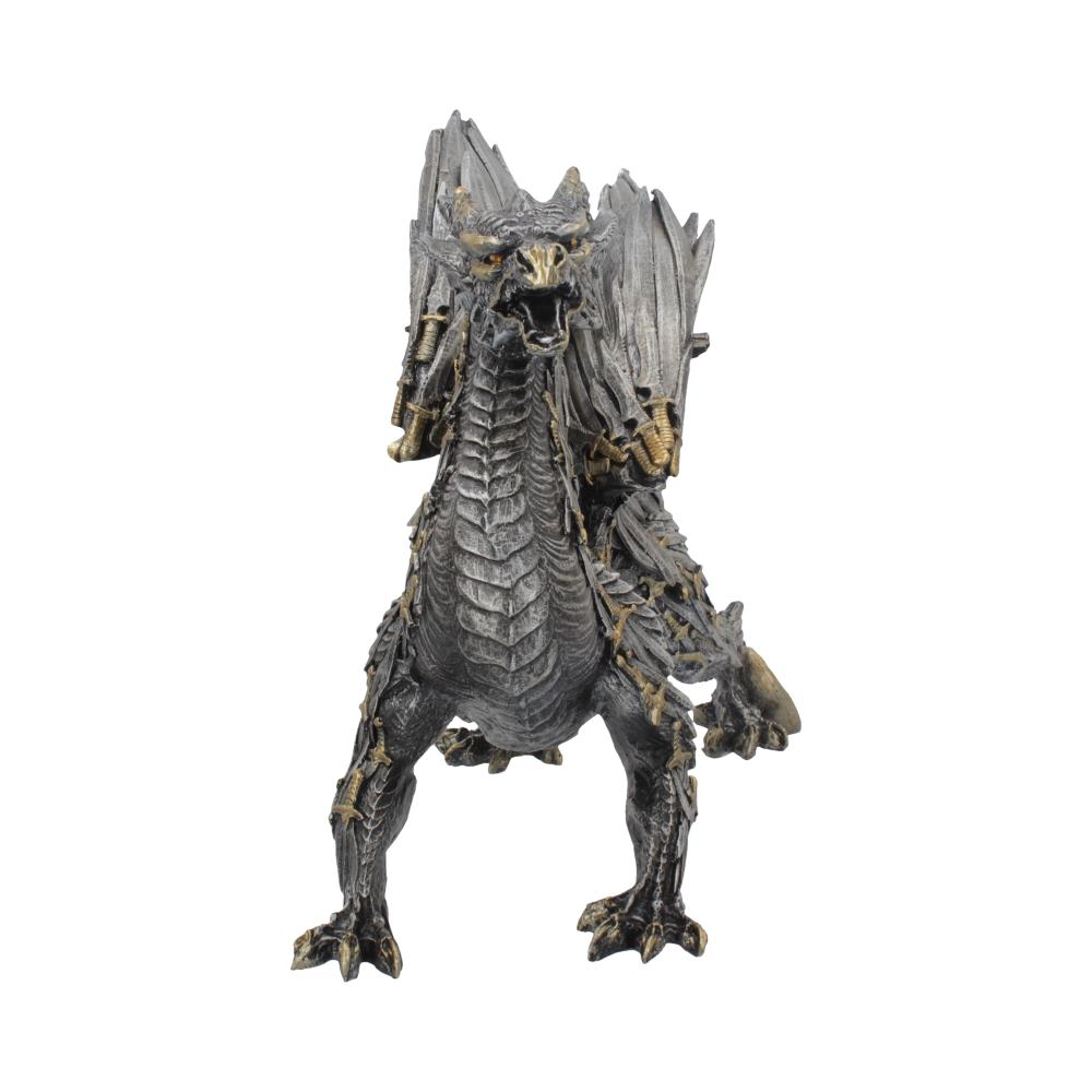Front view of sword-themed dragon figure scaled neck