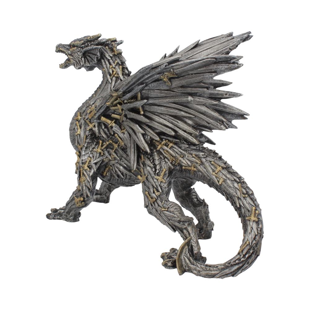 Rear view of sword-themed dragon figure with sculpted wings