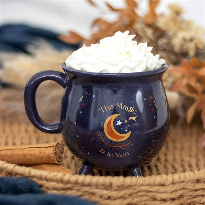 Midnight blue cauldron mug with gold stars and crescent moon