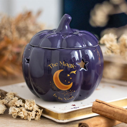 Midnight blue ceramic pumpkin oil burner with gold stars and moon