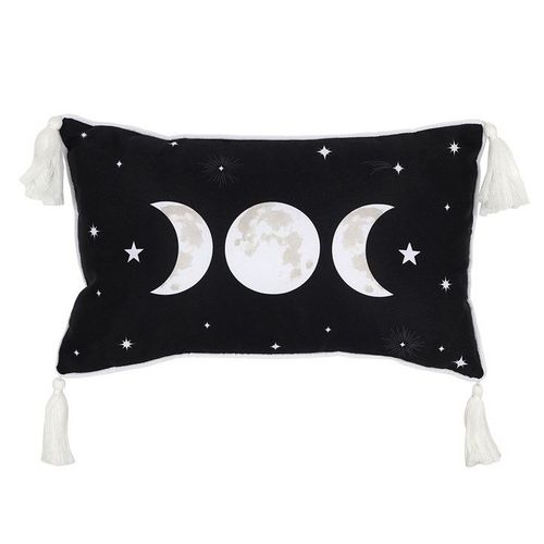 Black rectangle cushion with white triple moon design and tassels