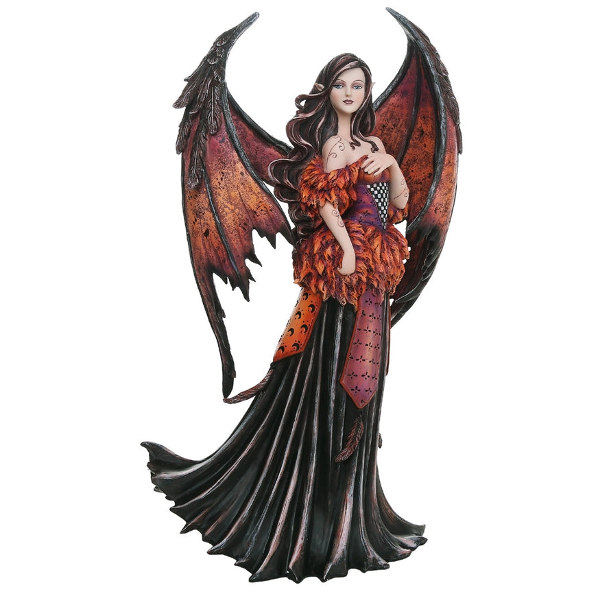 A gothic fantasy figurine of a winged woman with large dark red and black wings, a black flowing gown, and an orange feathered bodice, shown against a plain white background.