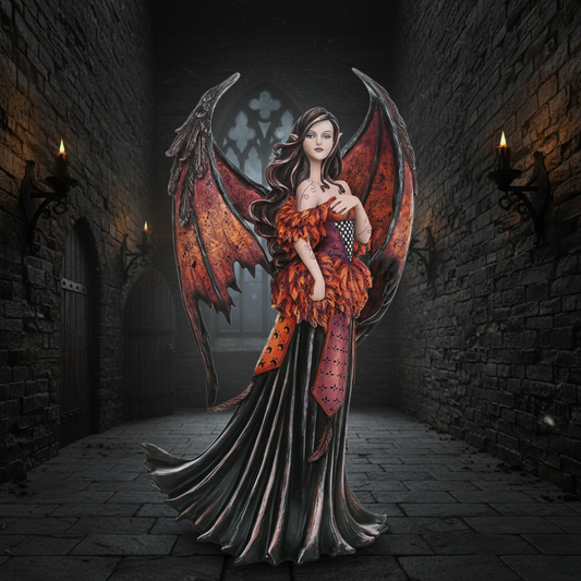 A fantasy-style illustration of a winged woman standing in a dark stone corridor. She has large red and black wings and wears an ornate off-the-shoulder gown with orange, red, and black details.