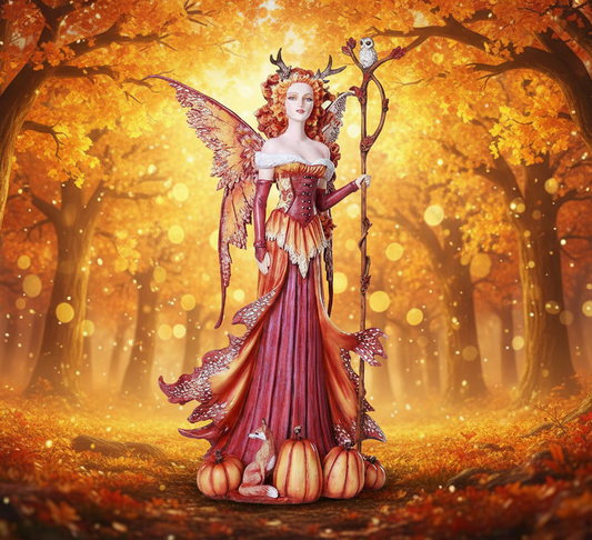 Fantasy fairy in an autumn forest with pumpkins and a staff.
