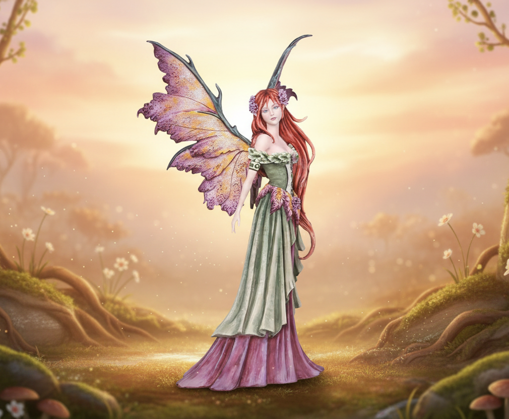 Fantasy fairy with butterfly wings standing in a magical forest