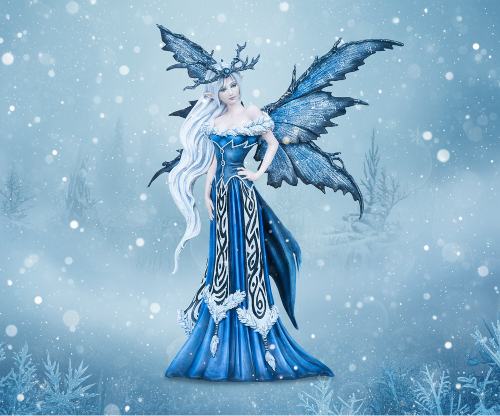 Fantasy fairy in a blue gown with butterfly wings standing in a snowy landscape.