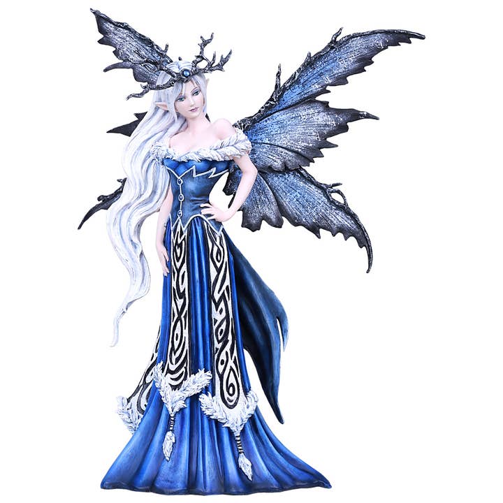 Fantasy figurine of a fairy with blue dress and black wings on a white background